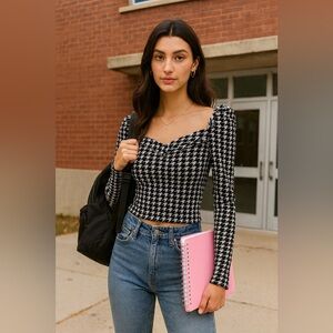 SHEIN Black and White Houndstooth Blouse
